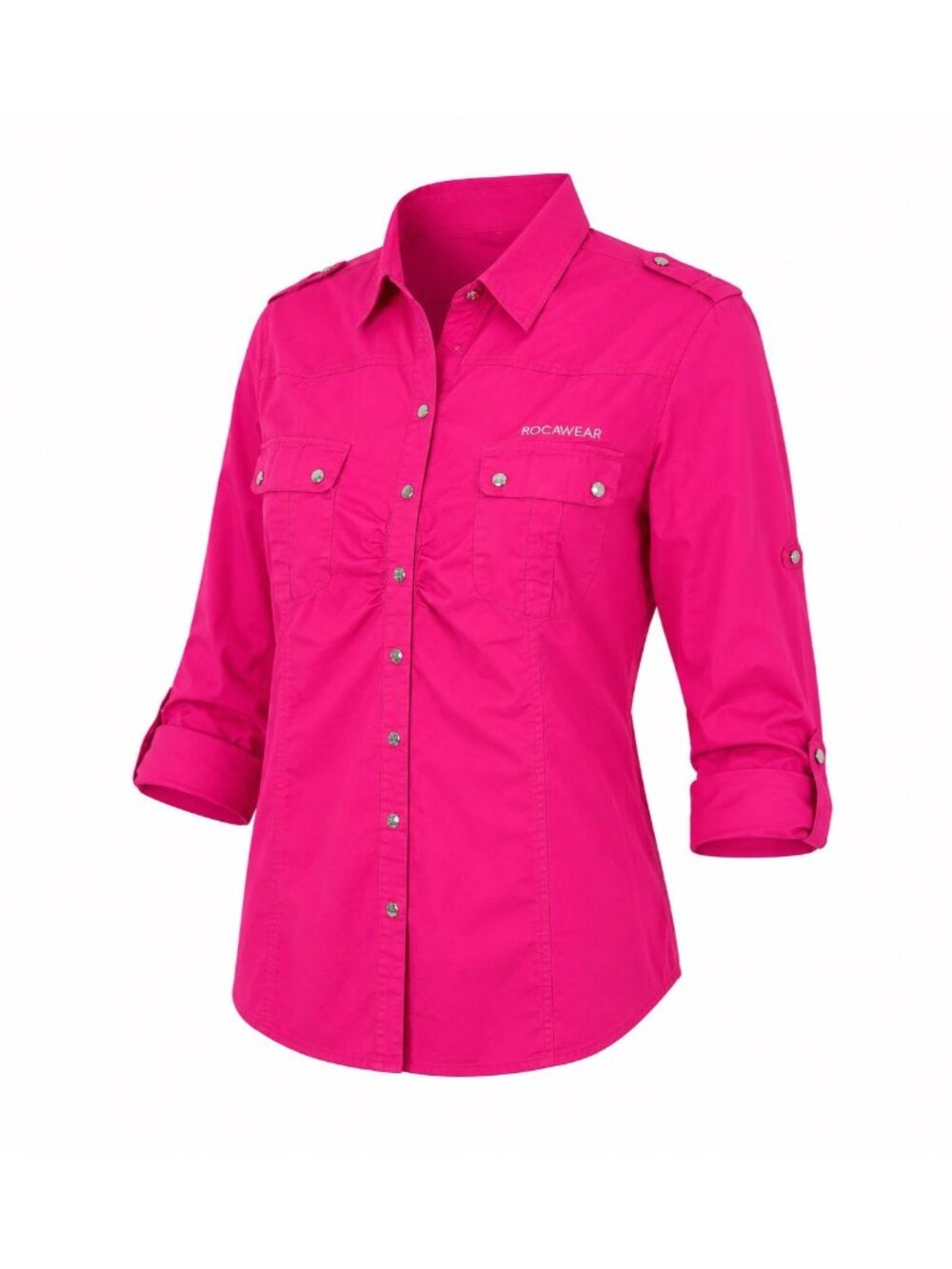 Rocawear Womens 3X Fuchsia Button-Up Shirt With Roll Tab Sleeves & Front Pockets